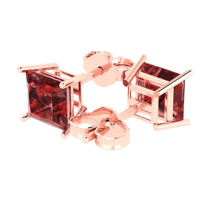 3cttw Princess Cut Natural Garnet Gold-Plated 925 Silver Push Back Stud Earrings