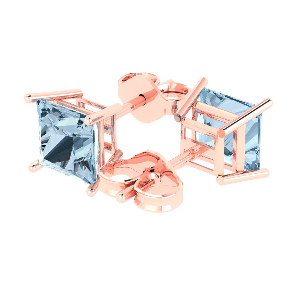 3 ctw Aquamarine Studs Earrings | 6.5mm Princess Cut White Gold Push Back | March Birthstone