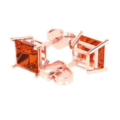 3 ctw Red Zirconia Studs Earrings | 6.5mm Princess Cut White Gold Push Back | April Birthstone