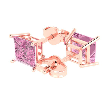 3cttw Princess Cut Simulated Pink Diamond Gold-Plated 925 Silver Push Back Stud Earrings