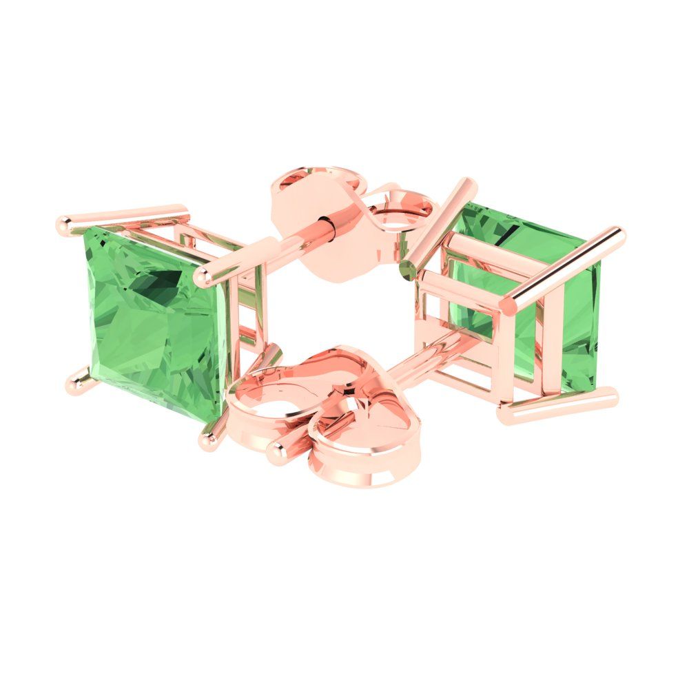 3 ctw Green Zirconia Studs Earrings | 6.5mm Princess Cut White Gold Push Back | April Birthstone