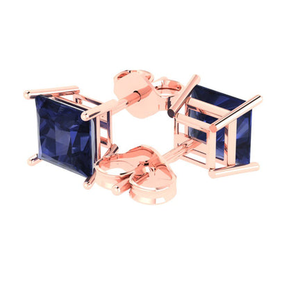 3 ctw Blue Sapphire Studs Earrings | 6.5mm Princess Cut White Gold Push Back | September Birthstone