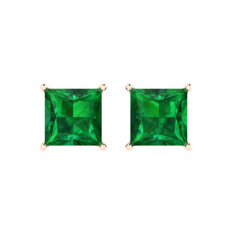 3.0 ct Brilliant Princess Cut Solitaire Studs Simulated Emerald Stone Rose Gold Earrings Push Back
