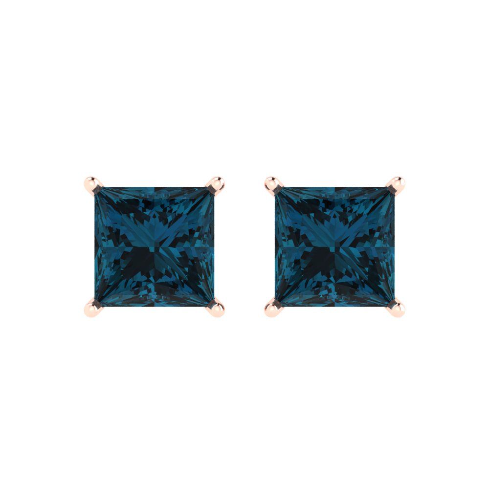 3 ctw London Blue Topaz Studs Earrings | 6.5mm Princess Cut White Gold Push Back | December Birthstone