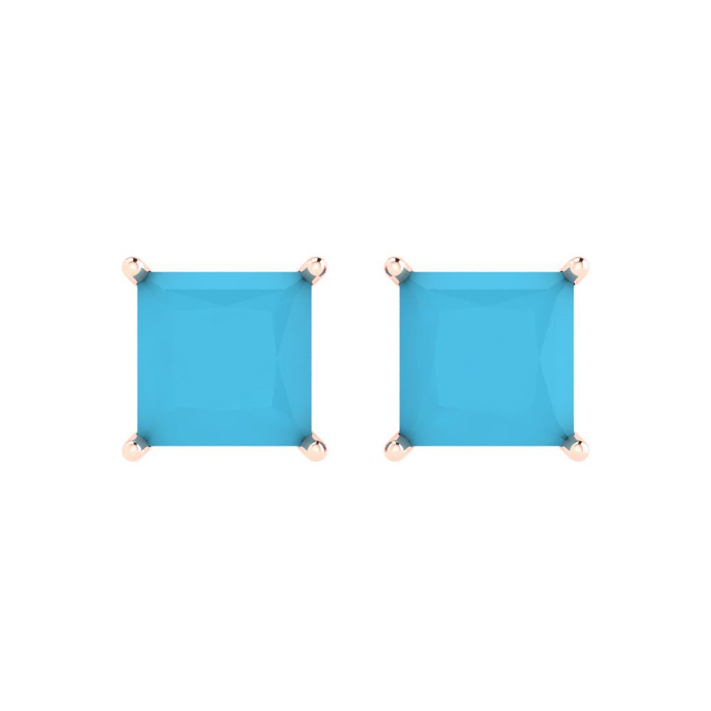 3 ctw Turquoise Studs Earrings | 6.5mm Princess Cut White Gold Push Back | December Birthstone