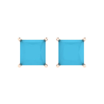 3 ctw Turquoise Studs Earrings | 6.5mm Princess Cut White Gold Push Back | December Birthstone