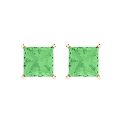 3 ctw Green Zirconia Studs Earrings | 6.5mm Princess Cut White Gold Push Back | April Birthstone