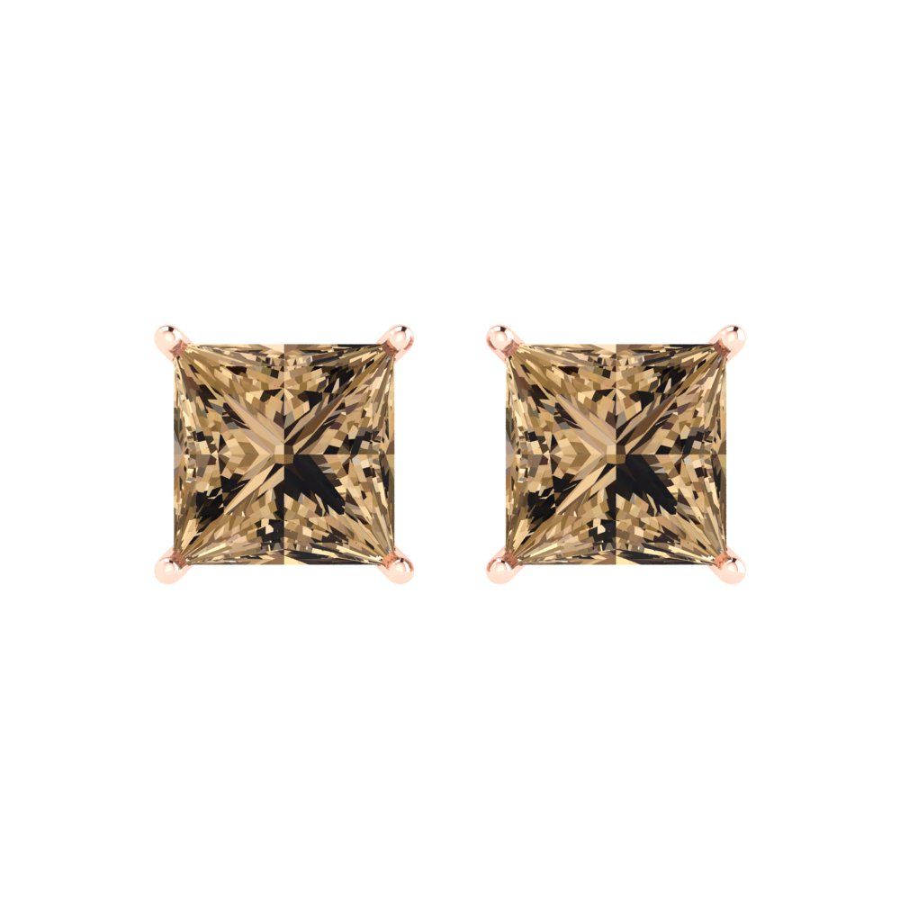 3 ctw Champagne Studs Earrings | 6.5mm Princess Cut White Gold Push Back | April Birthstone