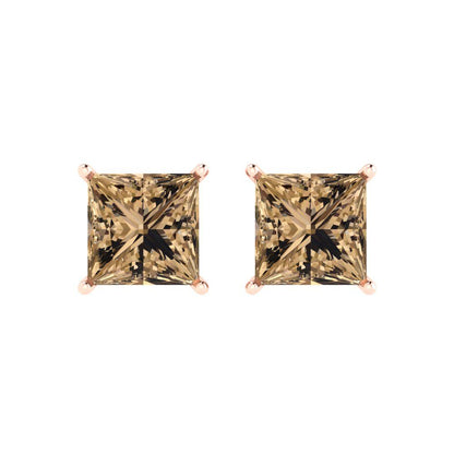 3 ctw Champagne Studs Earrings | 6.5mm Princess Cut White Gold Push Back | April Birthstone