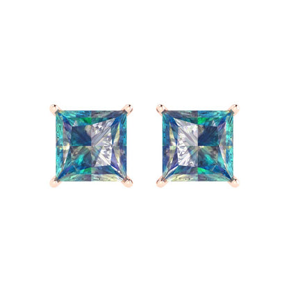 3cttw Princess Cut Blue Moissanite Gold-Plated 925 Silver Push Back Stud Earrings