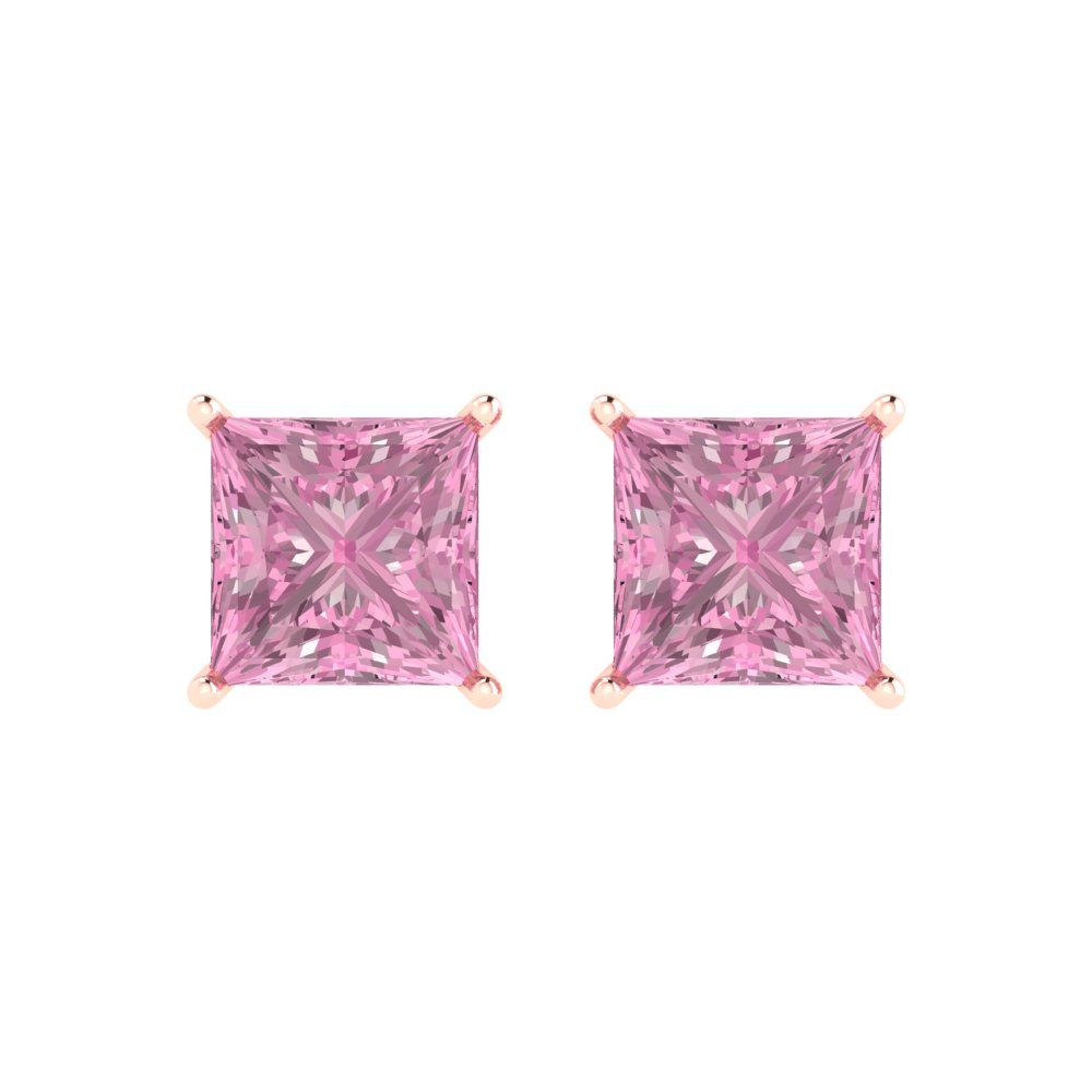 3 ctw Pink Zirconia Studs Earrings | 6.5mm Princess Cut White Gold Push Back | April Birthstone