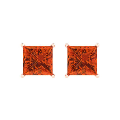 3 ctw Red Zirconia Studs Earrings | 6.5mm Princess Cut White Gold Push Back | April Birthstone