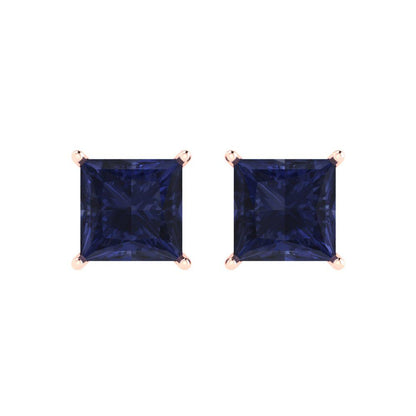 3 ctw Blue Sapphire Studs Earrings | 6.5mm Princess Cut White Gold Push Back | September Birthstone