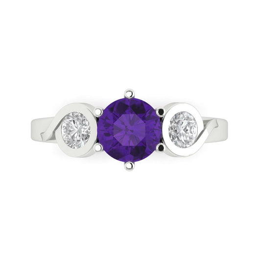 1.72 cttw Natural Amethyst Three-Stone Engagement Ring - Solid White Gold (VVS1, Round Cut,6.5mm)