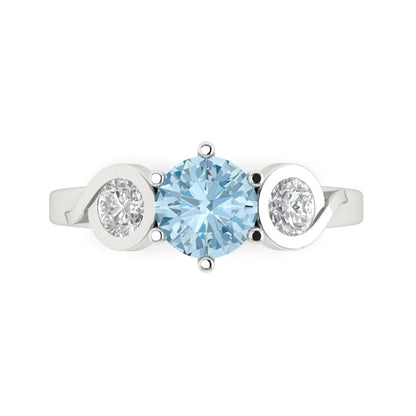1.72 cttw Natural Aquamarine Three-Stone Engagement Ring - Solid White Gold (VVS1, Round Cut,6.5mm)