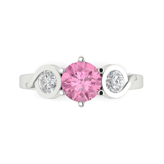 1.72 cttw Zirconia Simulated Pink Diamond Three-Stone Engagement Ring - Solid White Gold (VVS1, Round Cut,6.5mm)