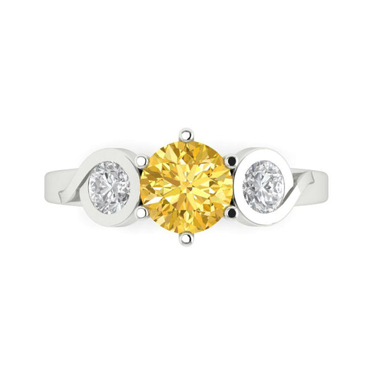 1.72 cttw Zirconia Simulated Yellow Diamond Three-Stone Engagement Ring - Solid White Gold (VVS1, Round Cut,6.5mm)