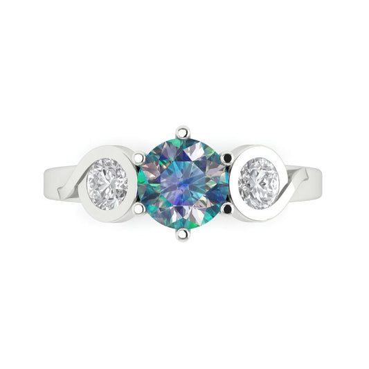 1.72 cttw Blue Moissanite Three-Stone Engagement Ring - Solid White Gold (VVS1, Round Cut,6.5mm)