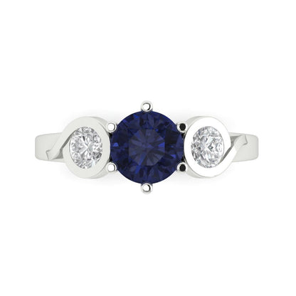 1.72 cttw Simulated Blue Sapphire Three-Stone Engagement Ring - Solid Gold (Round Cut,6.5mm)