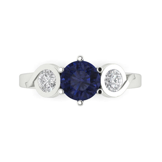 1.72 cttw Simulated Blue Sapphire Three-Stone Engagement Ring - Solid White Gold (VVS1, Round Cut,6.5mm)
