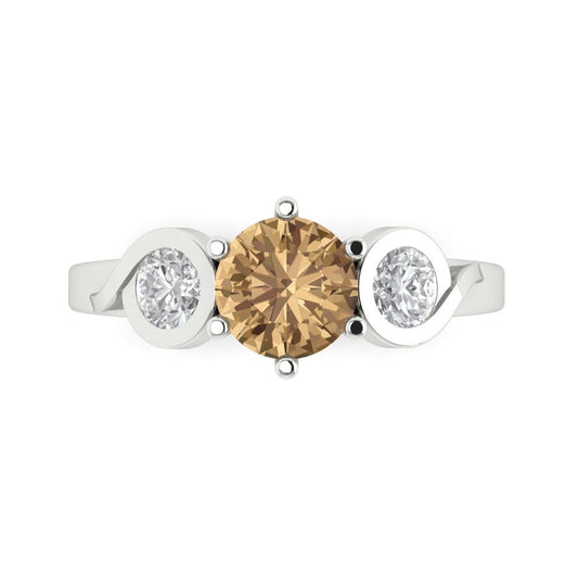 1.72 cttw Zirconia Simulated Champagne Diamond Three-Stone Engagement Ring - Solid White Gold (VVS1, Round Cut,6.5mm)