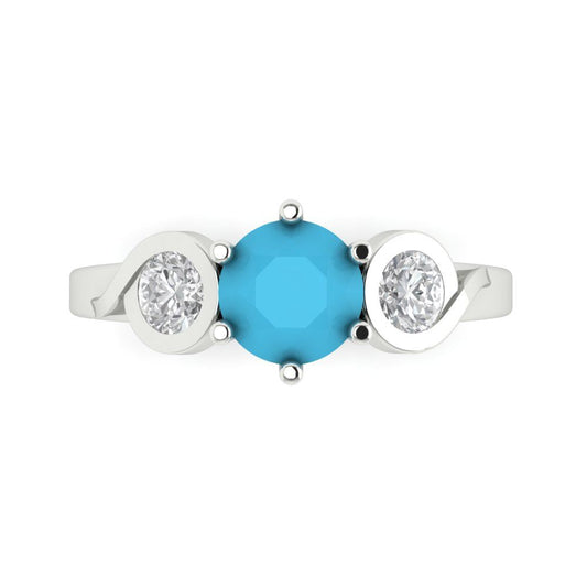 1.72 cttw Simulated Turquoise Three-Stone Engagement Ring - Solid White Gold (VVS1, Round Cut,6.5mm)
