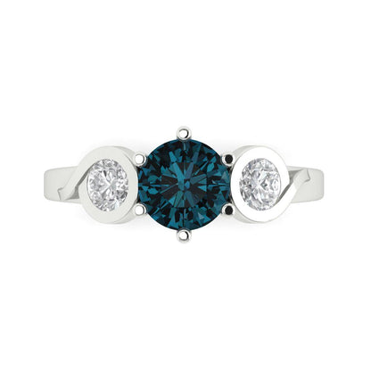 1.72 cttw Natural London Blue Topaz Three-Stone Engagement Ring - Solid White Gold (VVS1, Round Cut,6.5mm)