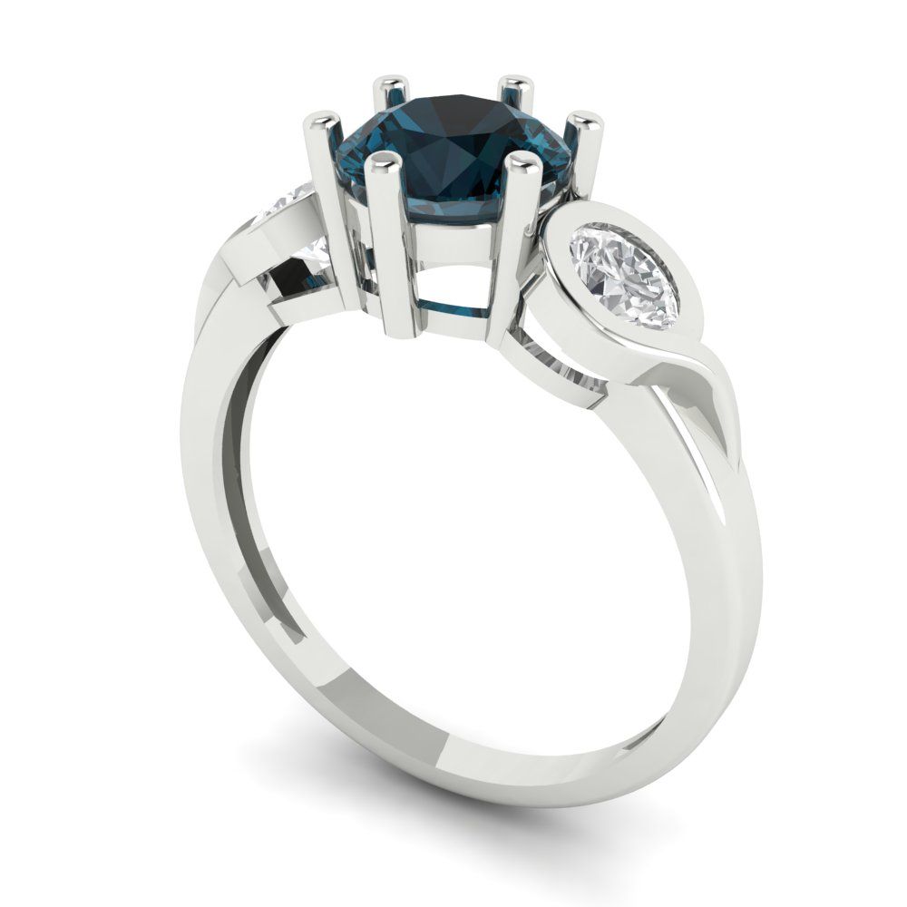 1.72 cttw Natural London Blue Topaz Three-Stone Engagement Ring - Solid White Gold (VVS1, Round Cut,6.5mm)