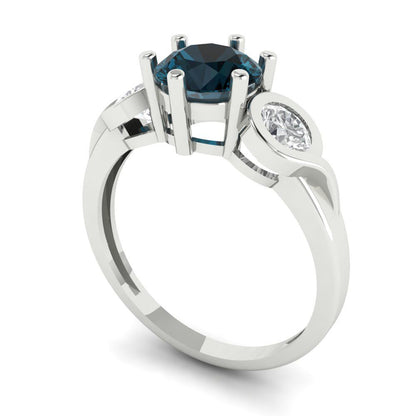 1.72 cttw Natural London Blue Topaz Three-Stone Engagement Ring - Solid White Gold (VVS1, Round Cut,6.5mm)