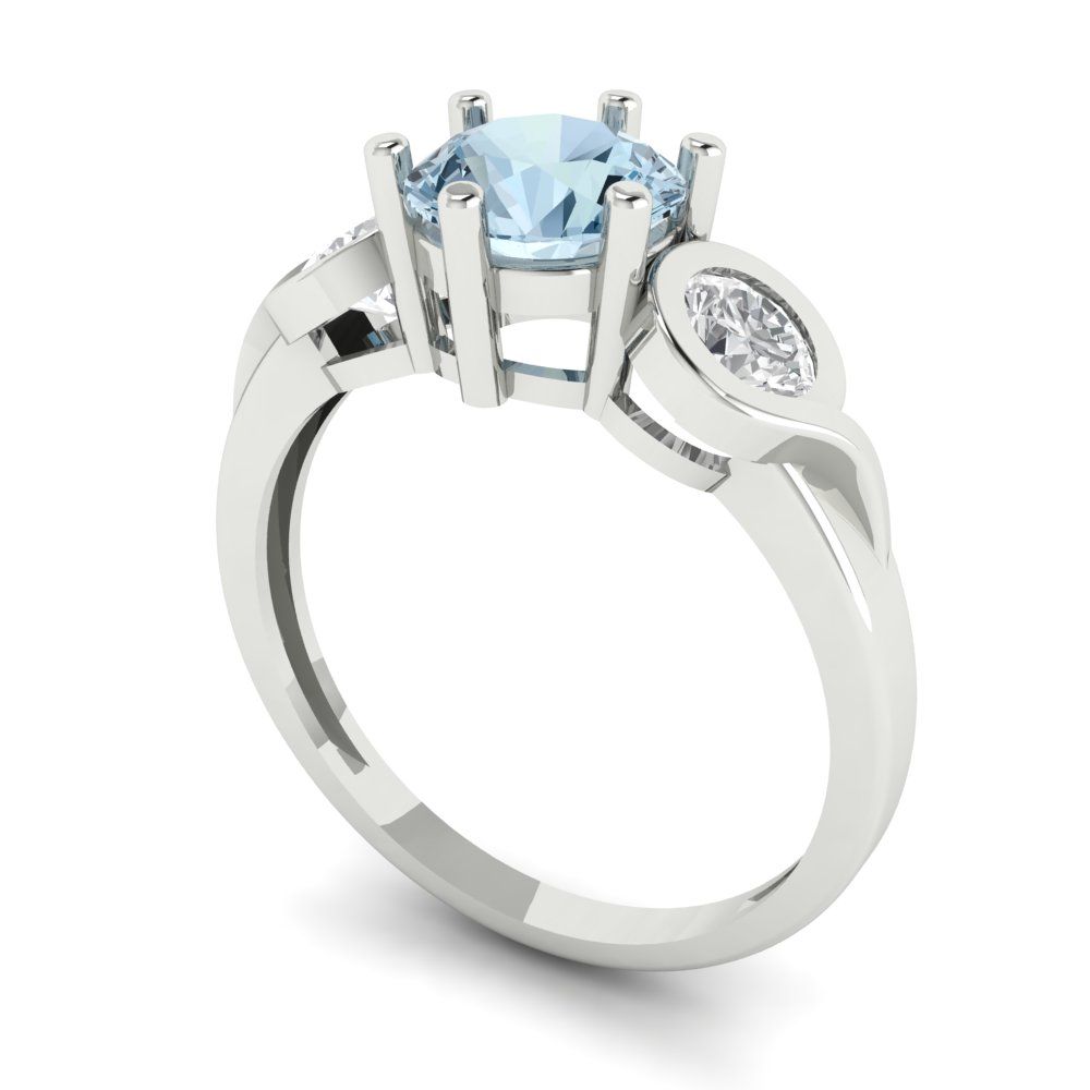 1.72 cttw Natural Aquamarine Three-Stone Engagement Ring - Solid White Gold (VVS1, Round Cut,6.5mm)