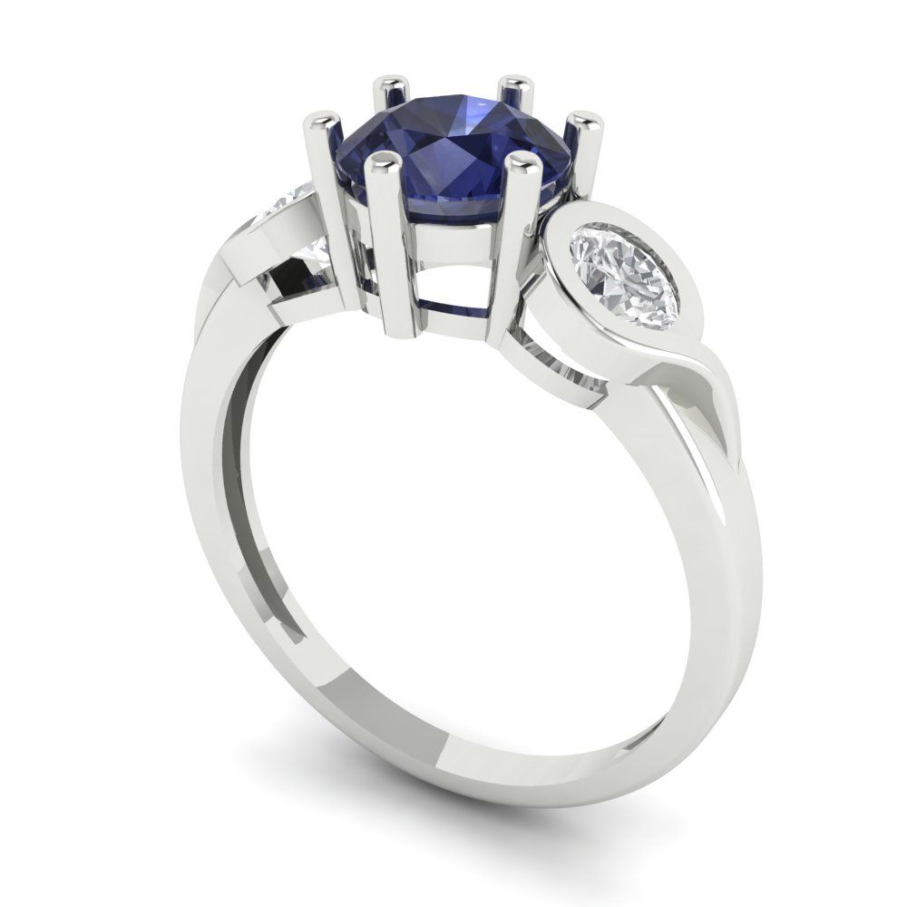 1.72 cttw Simulated Blue Sapphire Three-Stone Engagement Ring - Solid Gold (Round Cut,6.5mm)