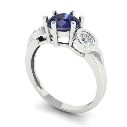 1.72 cttw Simulated Blue Sapphire Three-Stone Engagement Ring - Solid Gold (Round Cut,6.5mm)