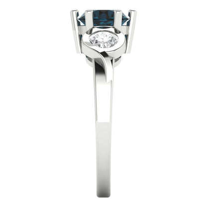 1.72 cttw Natural London Blue Topaz Three-Stone Engagement Ring - Solid White Gold (VVS1, Round Cut,6.5mm)