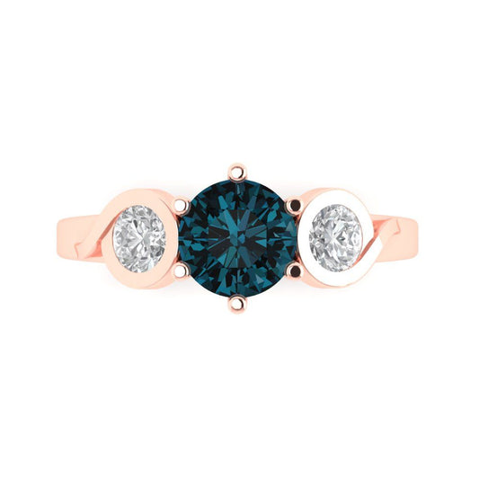 1.72 cttw Natural London Blue Topaz Three-Stone Engagement Ring - Solid Rose Gold (VVS1, Round Cut,6.5mm)