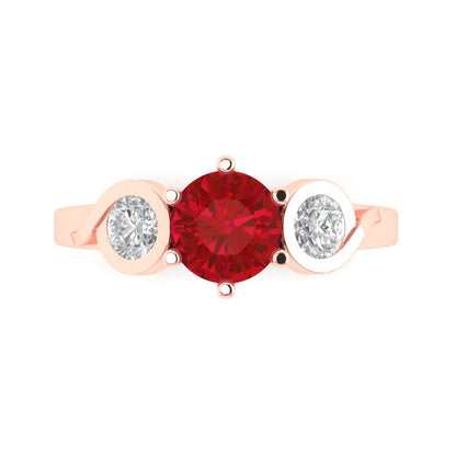 1.72 cttw Simulated Ruby Three-Stone Engagement Ring - Solid Rose Gold (VVS1, Round Cut,6.5mm)