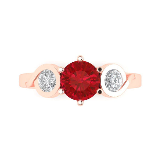 1.72 cttw Simulated Ruby Three-Stone Engagement Ring - Solid Rose Gold (VVS1, Round Cut,6.5mm)