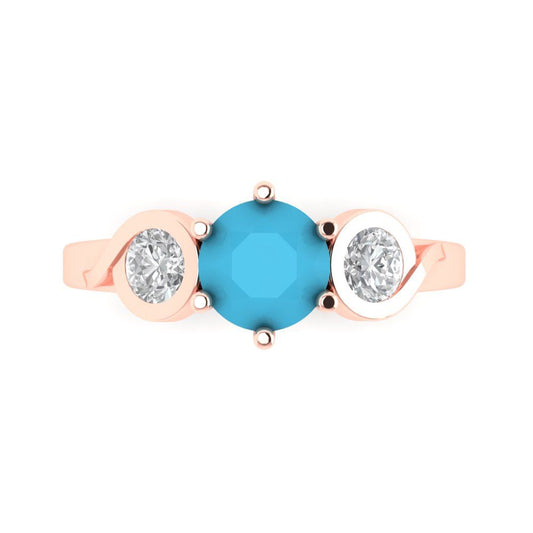 1.72 cttw Simulated Turquoise Three-Stone Engagement Ring - Solid Rose Gold (VVS1, Round Cut,6.5mm)