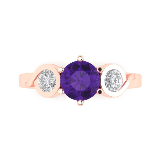 1.72 cttw Natural Amethyst Three-Stone Engagement Ring - Solid Rose Gold (VVS1, Round Cut,6.5mm)