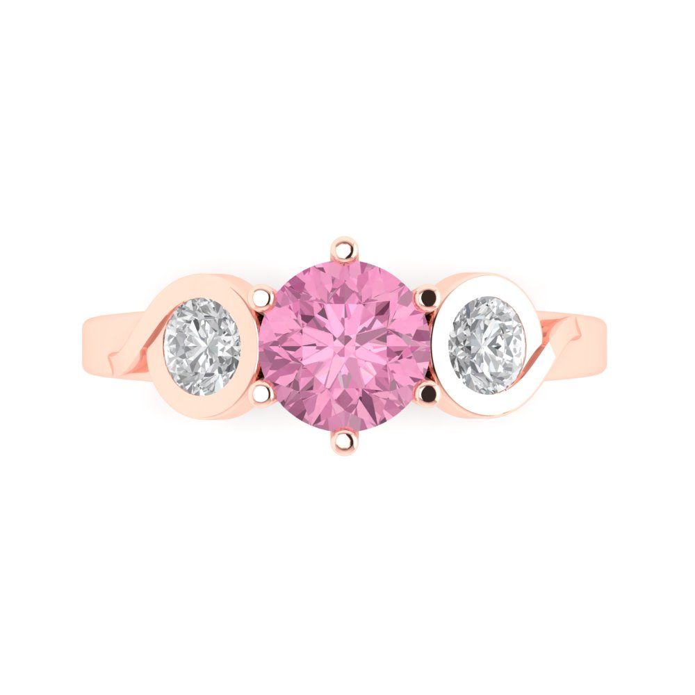 1.72 cttw Zirconia Simulated Pink Diamond Three-Stone Engagement Ring - Solid Rose Gold (VVS1, Round Cut,6.5mm)