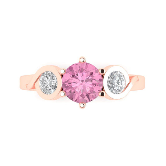 1.72 cttw Zirconia Simulated Pink Diamond Three-Stone Engagement Ring - Solid Rose Gold (VVS1, Round Cut,6.5mm)