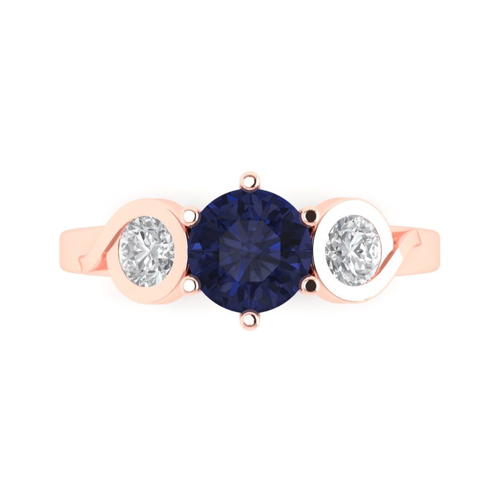 1.72 cttw Simulated Blue Sapphire Three-Stone Engagement Ring - Solid Rose Gold (VVS1, Round Cut,6.5mm)