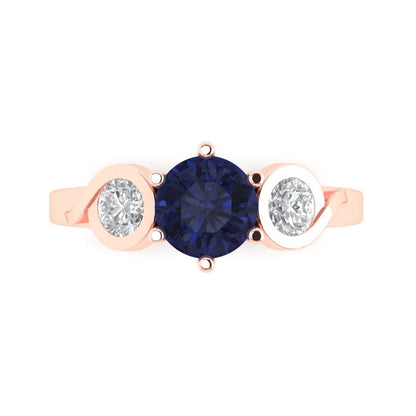 1.72 cttw Simulated Blue Sapphire Three-Stone Engagement Ring - Solid Rose Gold (VVS1, Round Cut,6.5mm)