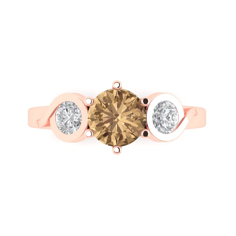 1.72 cttw Zirconia Simulated Champagne Diamond Three-Stone Engagement Ring - Solid Rose Gold (VVS1, Round Cut,6.5mm)