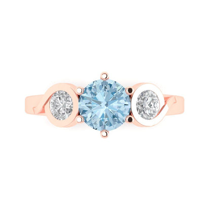 1.72 cttw Zirconia Simulated Blue Diamond Three-Stone Engagement Ring - Solid Rose Gold (VVS1, Round Cut,6.5mm)
