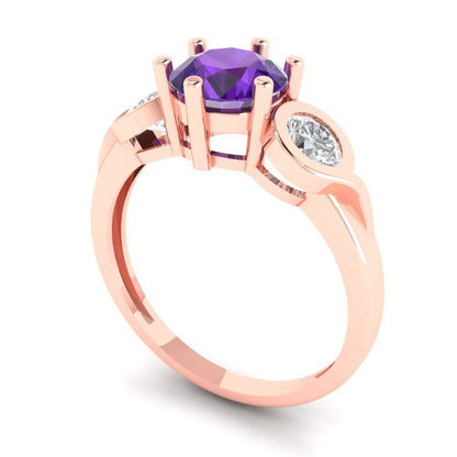1.72 cttw Natural Amethyst Three-Stone Engagement Ring - Solid Rose Gold (VVS1, Round Cut,6.5mm)