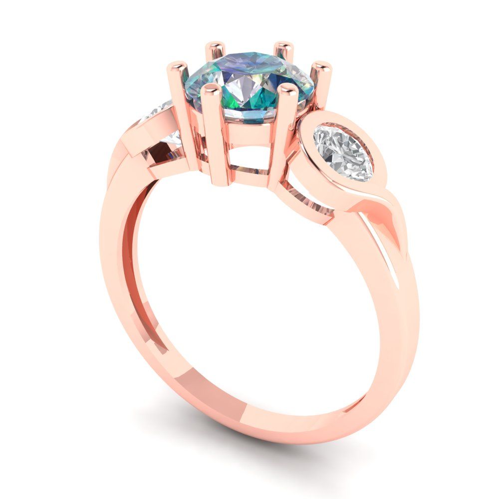 1.72 cttw Blue Moissanite Three-Stone Engagement Ring - Solid Gold (Round Cut,6.5mm)