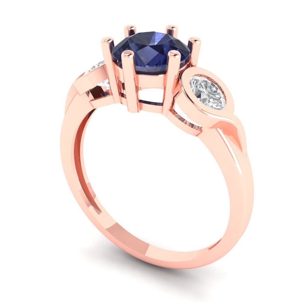 1.72 cttw Simulated Blue Sapphire Three-Stone Engagement Ring - Solid Rose Gold (VVS1, Round Cut,6.5mm)