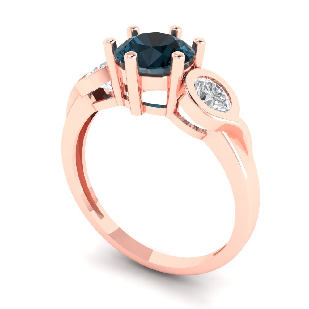 1.72 cttw Natural London Blue Topaz Three-Stone Engagement Ring - Solid Rose Gold (VVS1, Round Cut,6.5mm)