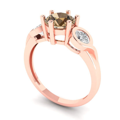 1.72 cttw Zirconia Simulated Champagne Diamond Three-Stone Engagement Ring - Solid Rose Gold (VVS1, Round Cut,6.5mm)