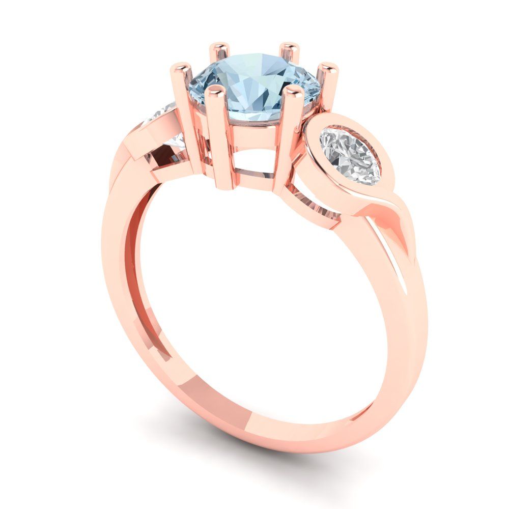 1.72 cttw Zirconia Simulated Blue Diamond Three-Stone Engagement Ring - Solid Rose Gold (VVS1, Round Cut,6.5mm)